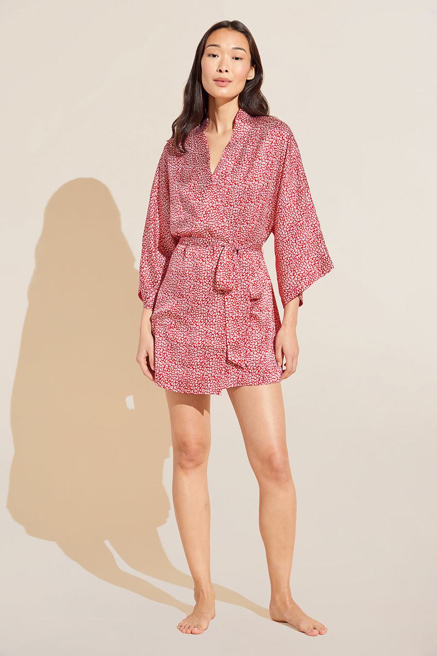 Women Eberjey Inez Printed Washable Silk Short Robe Red | QYV8758TS