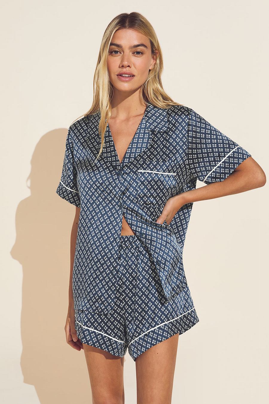 Women Eberjey Inez Washable Silk Printed Short PJ Set Pajamas Indigo Blue Beige | OTB9244XV