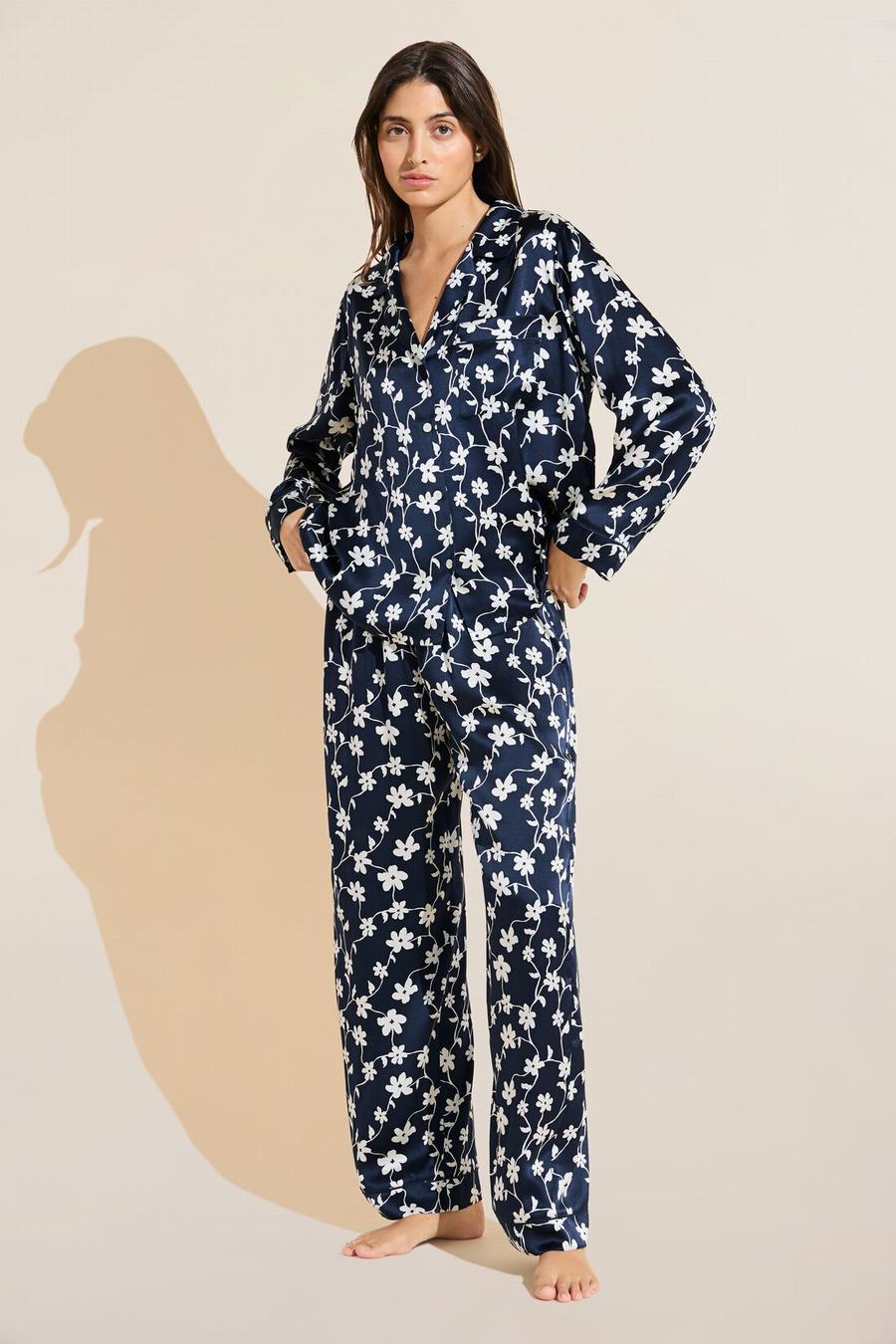 Women Eberjey Inez Washable Silk Printed Long PJ Set Pajamas Navy White | VRQ281AB