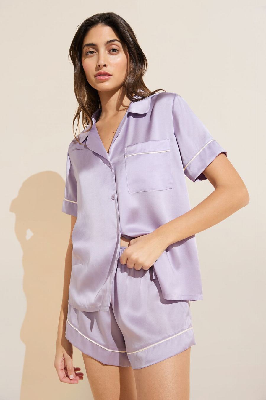 Women Eberjey Inez Washable Silk Short PJ Set Pajamas Purple White | FND1587ZY