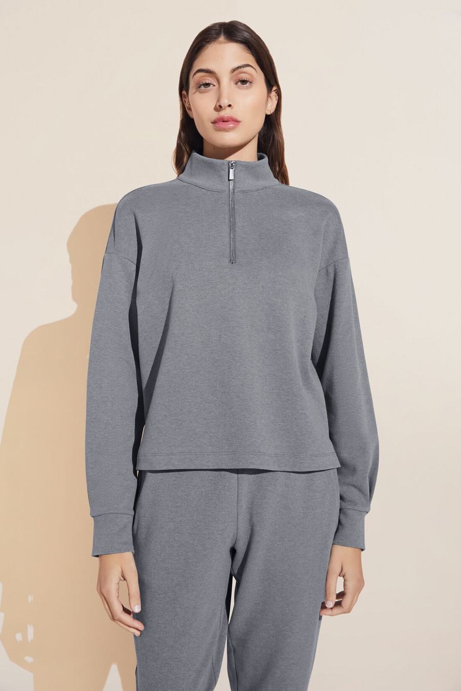 Women Eberjey Luxe Sweats Zip Pullover Cardigan Dark Grey | QUI5564PI